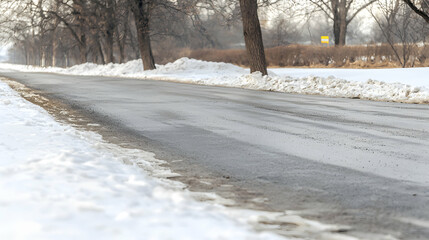 A snowy roadside scene with road and bare winter trees