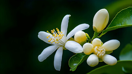 Fototapeta premium Close-Up of White Citrus Blossoms with Yellow Center and Dewdrops on Dark Green Background