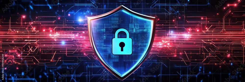 Poster digital shield icon with a lock symbol representing cyber security and data protection