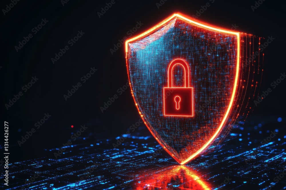 Aufkleber digital icon representing cybersecurity with shield and lock symbol in neon design