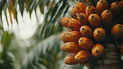 Orange fruit cluster on palm tree trunk