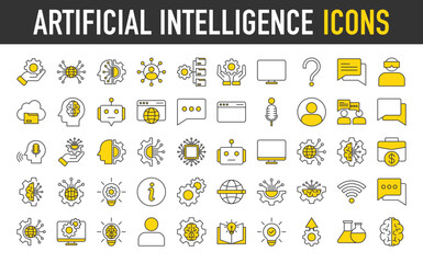 Set of Artificial Intelligence icon. Service, Digital, Robot, Data, Information, Learning, Future, Artificial Intelligence, Support, Help, Chat Bot, Conversation, Smart, Concept, Innovation vector. 