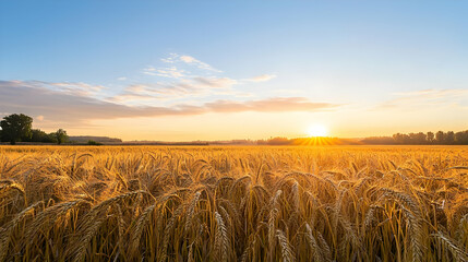 Golden Wheat Field Bathed In Warm Sunlight At Sunrise With Orange And Yellow Hues