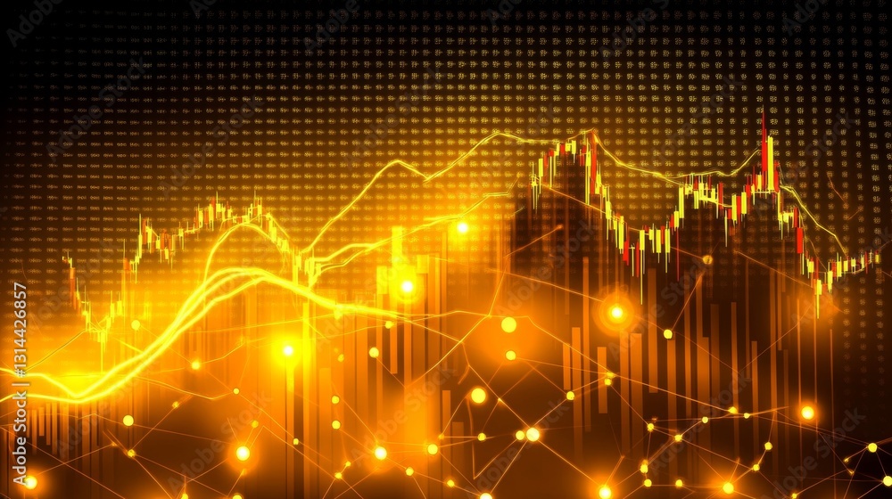Poster a vibrant d stock market graph with interconnected nodes and lines showing a steep upward trend, set