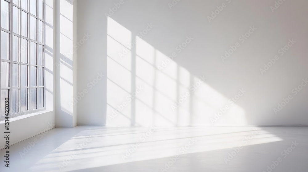 Poster bright and spacious empty interior with large windows and soft shadows illuminating the clean white 
