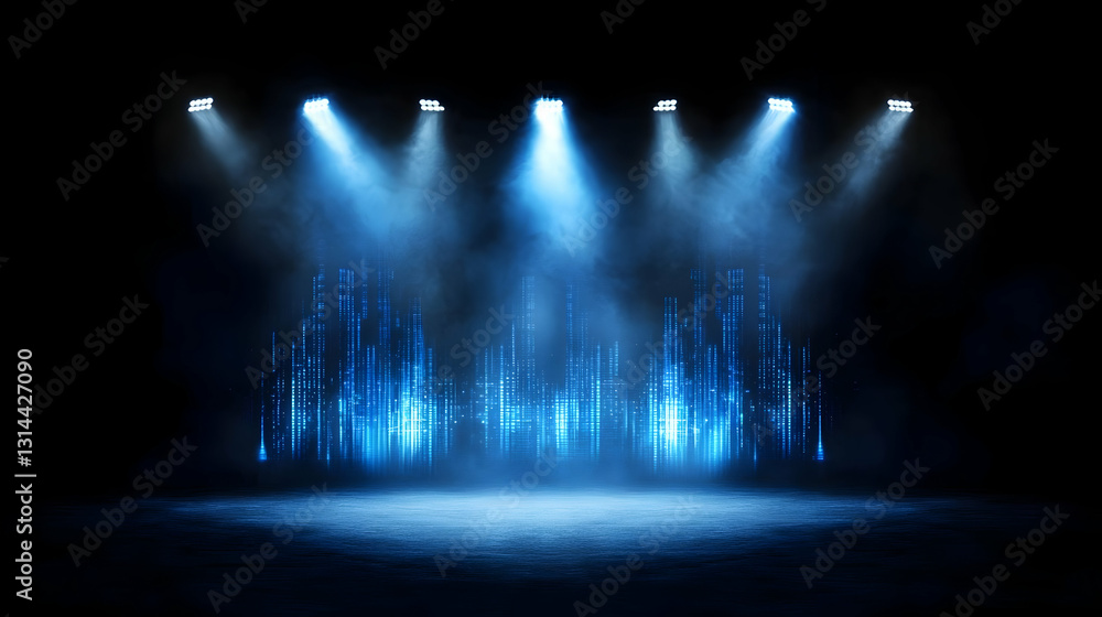 Poster illuminated empty stage with blue spotlights and fog in dark background dramatic light beams and abs