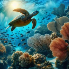 Coral Reef with Sea Turtle A coral reef scene featuring a sea tu