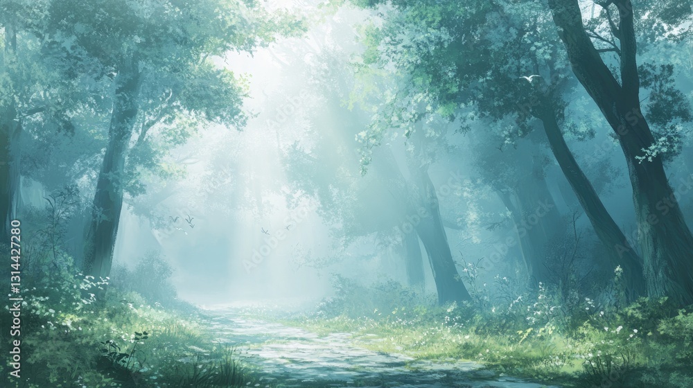 Aufkleber serene misty forest path with sunlight streaming through trees and lush greenery in a tranquil natur