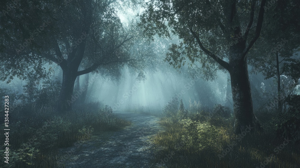 Aufkleber serene and ethereal forest pathway with soft mist and sunlight filtering through trees
