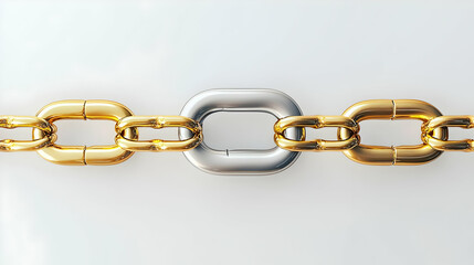 Obraz premium A Single Silver Link Interrupts A Gold Chain On A White Background Symbolizing Unity And Disruption