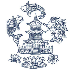 Hand drawn vector set of asian cultural symbols, koi fish, asian pagoda, flowers.