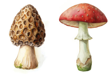 Detailed mushroom illustrations, realistic watercolor style, nature-inspired, botanical art, educational purpose, for culinary use.