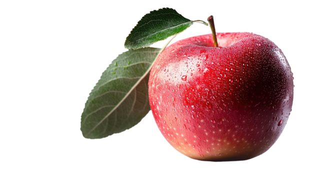"Red apple with a single leaf, separated on a transparent background