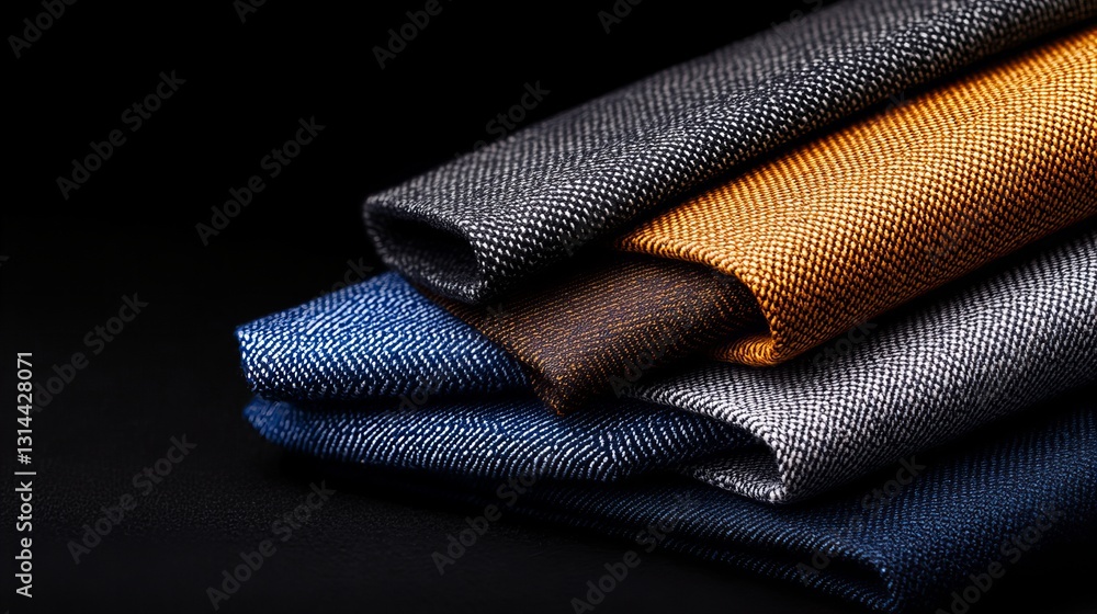 Poster close-up of a stack of different colored fabrics. rich textures and deep colors.