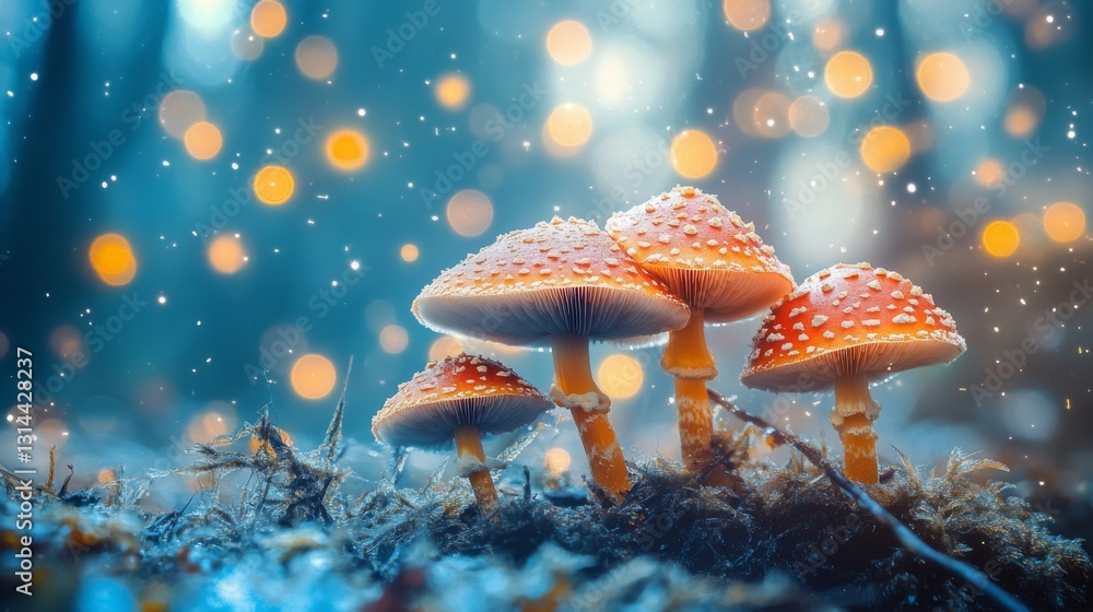 Poster a whimsical scene of mushrooms with sparkling dew in a misty forest, showcasing the magical atmosphe
