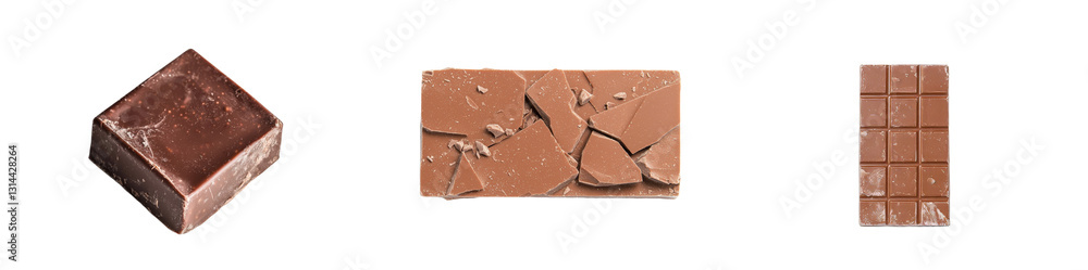 Poster From an angled viewpoint, the chocolate bar's square segments are prominently displayed, and it is placed on a simple white background, also offered as an isolated image on a transparent background