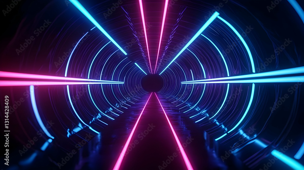 Poster vivid blue and pink neon lights tunnel with glowing circular patterns in a dark abstract futuristic 