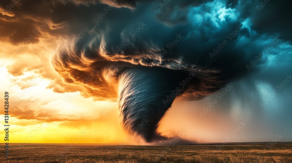 Poster a wide-angle shot of a tornado in the distance, with dramatic storm clouds rolling in and a vibrant 
