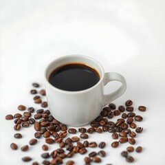 Coffee cup, dark roast, white ceramic mug, scattered coffee beans, overhead view, high contrast, minimalist composition, product photography, aromatic, rich texture
