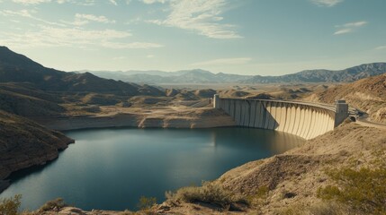 Obraz premium A wide-angle view of a dam and its reservoir, showcasing the natural landscape, with mountains in the background and the water glistening in the sunlight
