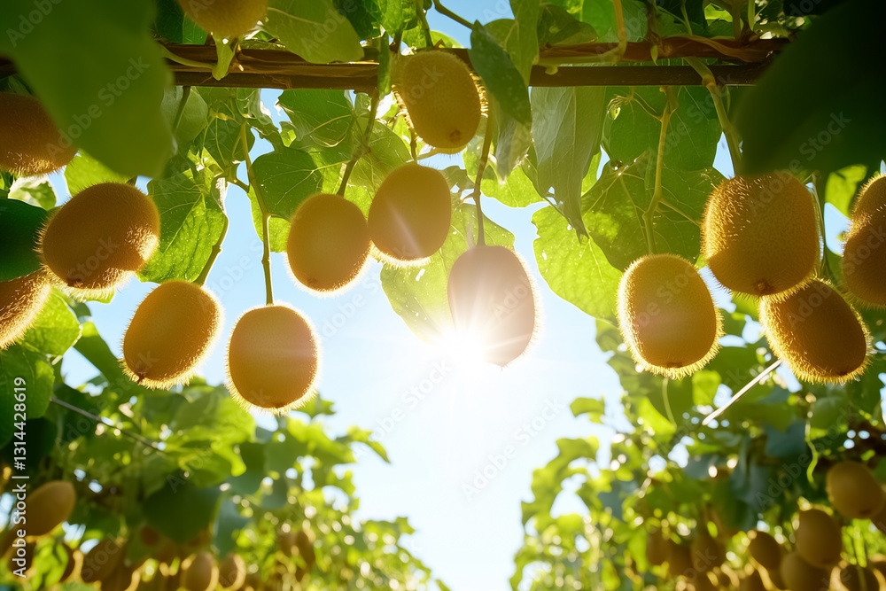 Poster clusters of fuzzy kiwi fruits dangle from lush vines, illuminated by the soft morning sunlight. view