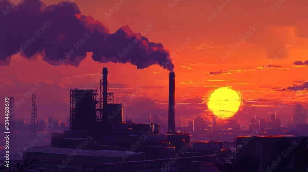 Poster black smoke slowly dispersing into the atmosphere from a factory stack, mixing with a dramatic sunse