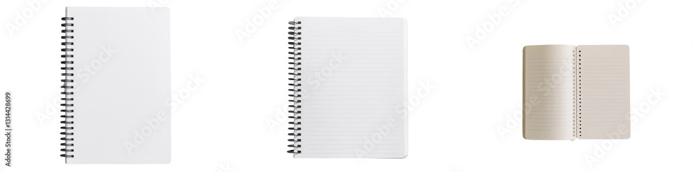 Poster Against a white background, a compact spiral notepad with lined pages is displayed, ideal for taking notes, and also offered as a png with a transparent background