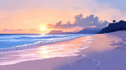 Serene Sunset over Calm Ocean Waves with Gentle Shoreline and Silhouetted Mountains in Background