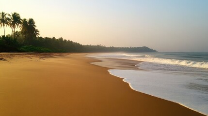 Naklejka premium Tranquil Beach Scene at Sunrise with Gentle Waves and Lush Palm Trees in Background