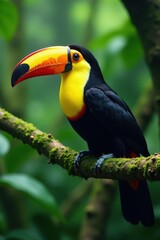 Fototapeta premium Keel-billed toucan resting on mossy rainforest branch , jungle scene, birdwatching