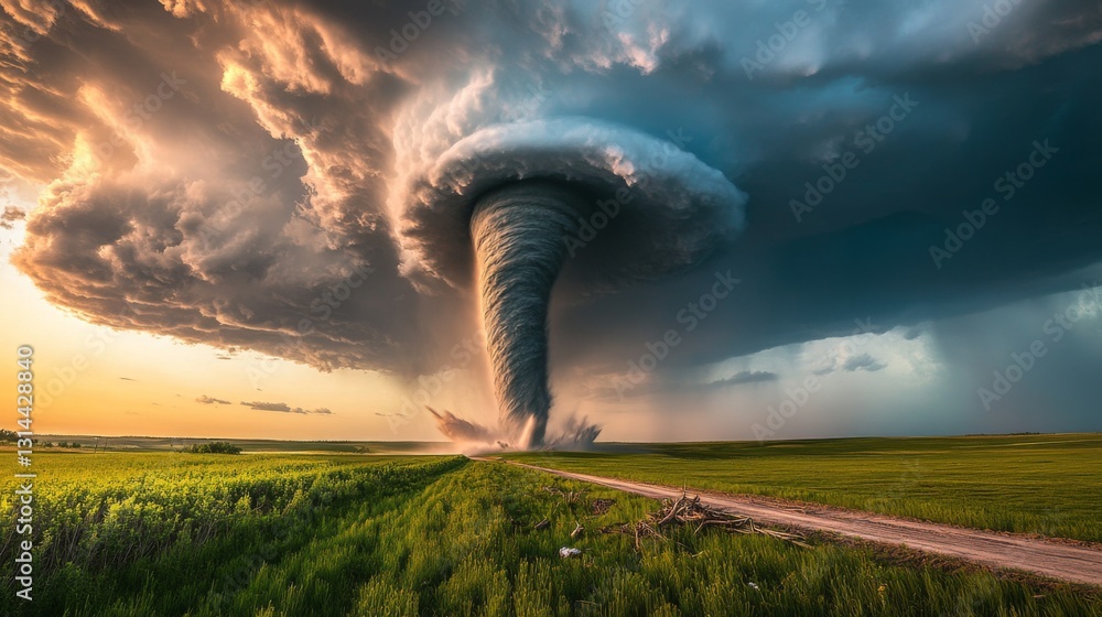 Poster a wide shot of a tornado in motion, with visible rotation and debris, framed by a contrasting blue s