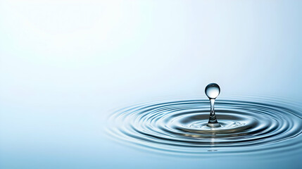 Single Water Droplet Creates Concentric Ripples On A Tranquil Blue Water Surface With Soft Lighting