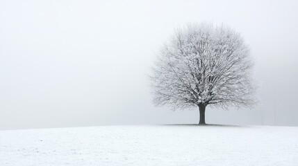 Fototapeta premium Snowy Tree in Minimalist Landscape Under Foggy Sky