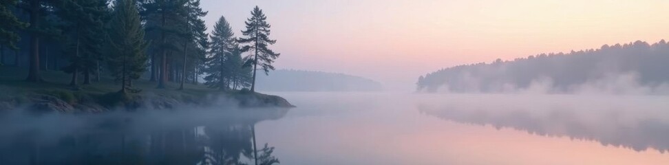Misty morning, lake shrouded in fog, tall pines, royalty-free, sky