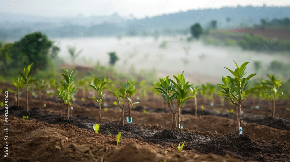 Poster newly planted rows of saplings on a hillside, with a soft morning mist hovering over the landscape, 