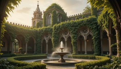 Obraz premium Serene Courtyard Garden Fountain Ivy Covered Gothic Architecture at Sunrise
