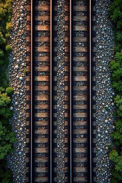 Overhead view parallel train tracks, abstract texture, grunge, travel
