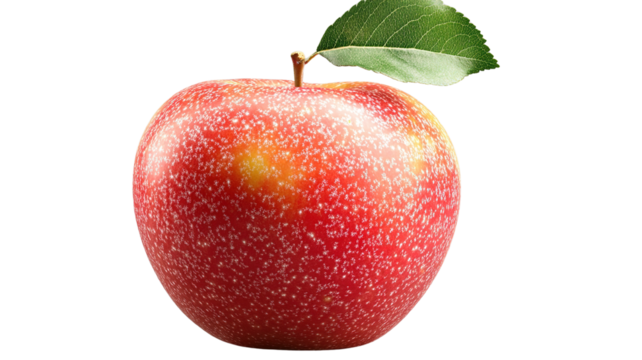 "Red apple with a single leaf, separated on a transparent background."