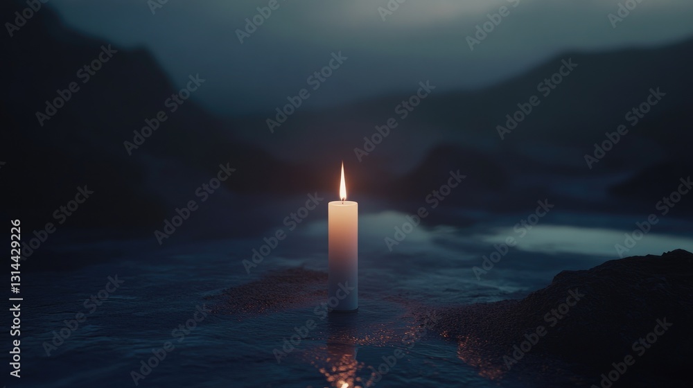 Poster serene candlelight reflection on calm water in dark setting with soft focus and subtle background