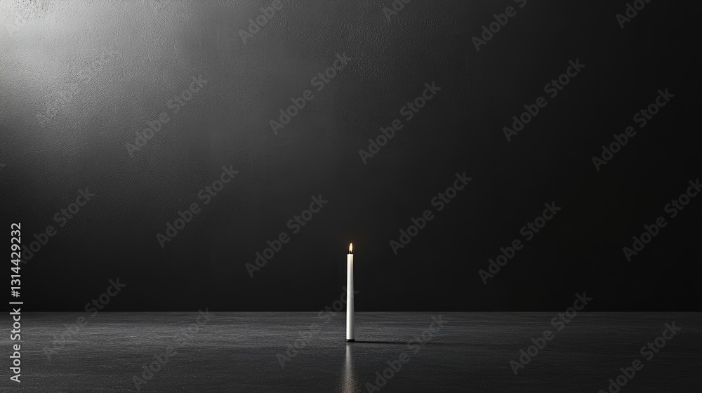 Poster solitary candle in minimalist space with soft light on black background creating a tranquil atmosphe