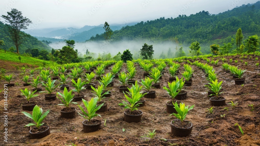 Poster newly planted rows of saplings on a hillside, with a soft morning mist hovering over the landscape, 