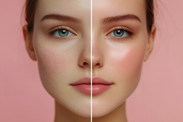 This layout features a female model's face split in half