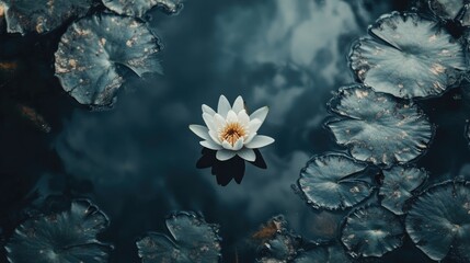 Serene Water Lily Floating Gracefully on Calm Dark Water Amidst Lush Green Lily Pads in Tranquil Nature Setting