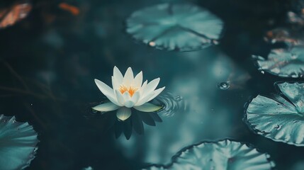 Serene Water Lily Blooming on Calm Water Surface Surrounded by Green Leaves in Tranquil Nature Setting