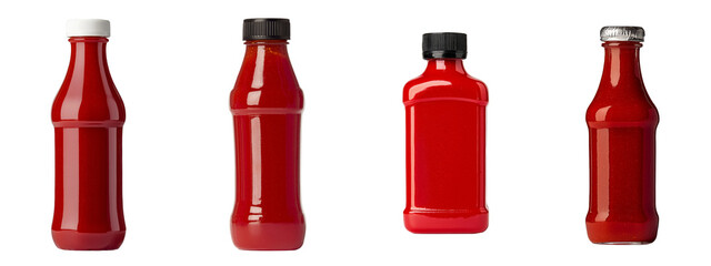 Red squeeze bottle, equipped with a cap, designed for easy dispensing of condiments such as ketchup or various sauces, on a transparent background, png