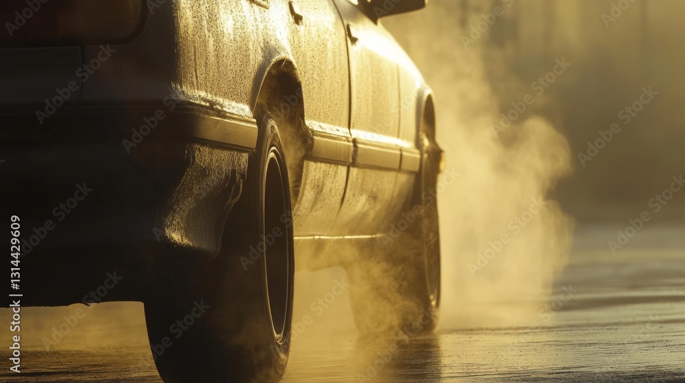 Poster Smoke from a vehicle exhaust pipe slowly dissipating into the cold morning air, with soft light and visible condensation creating a moody effect