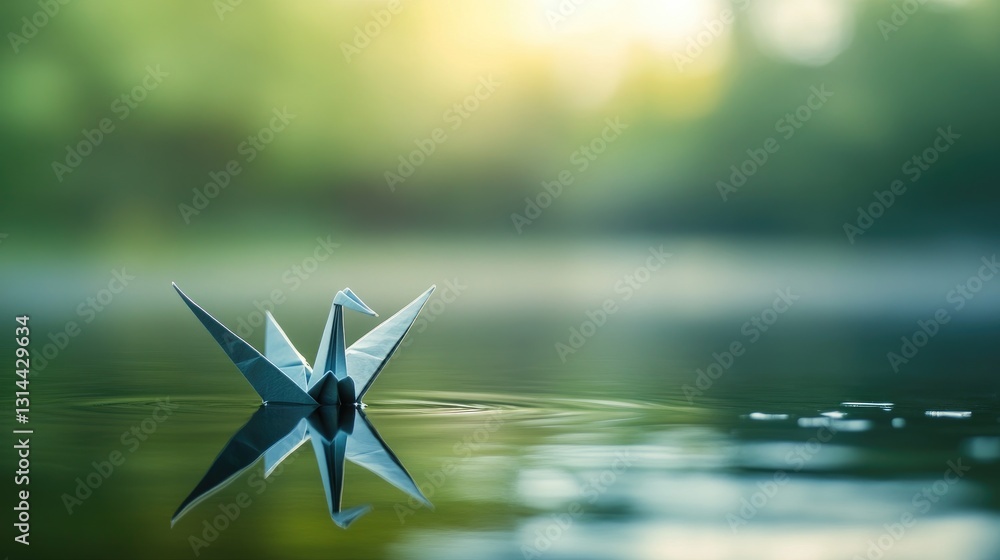 Poster Tranquil Scene of a Paper Crane Floating on Calm Water with Soft Background Blur in a Serene Environment