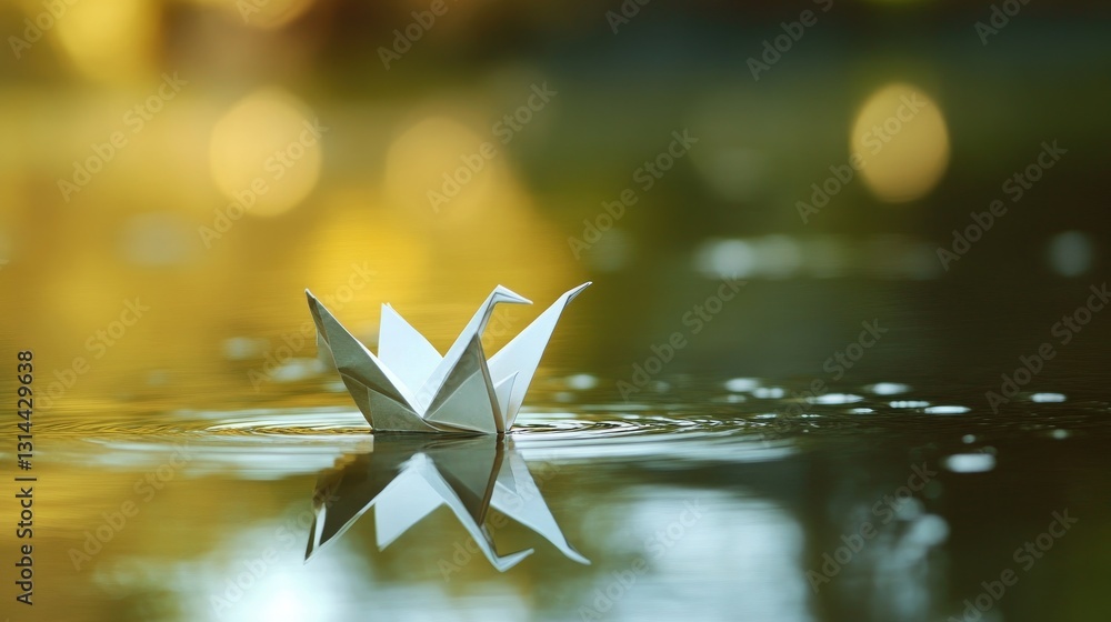 Poster paper crane floating on calm water at sunset with blurred background creating a serene and peaceful 