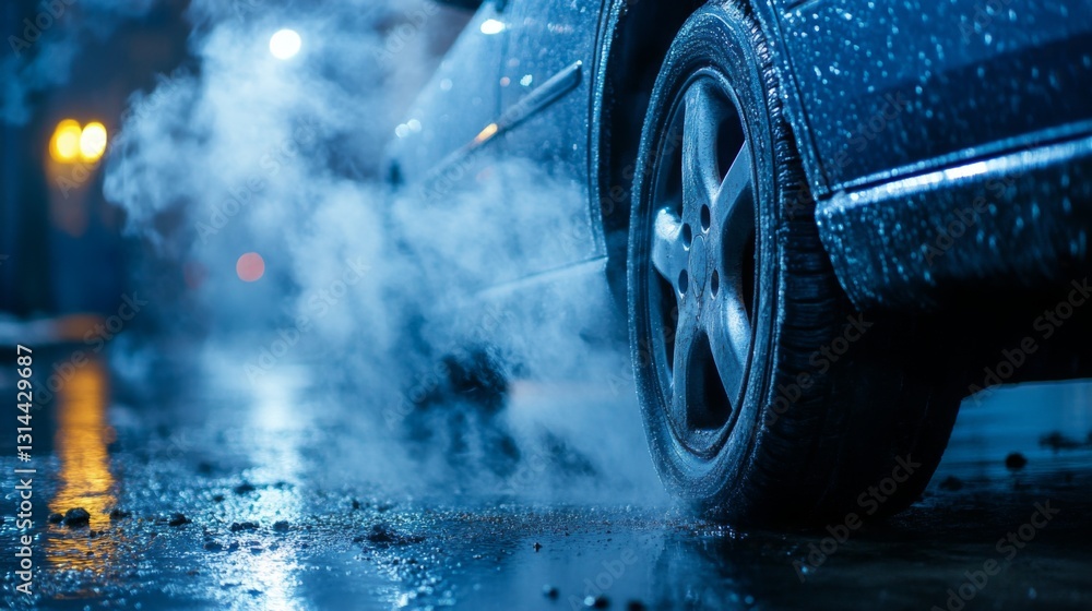 Poster smoke from a vehicle exhaust pipe slowly dissipating into the cold morning air, with soft light and 