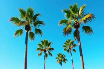 Slender royal palms ascend, vibrant blue sky backdrop, naturephotography, leaves